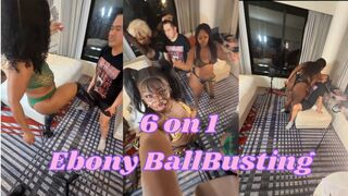 6 on 1 Ebony Goddess Ballbusting Asian slave for fun in our strap ons cbt humiliation