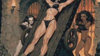 Slave bitch in black bikini with arms and legs stretched on the rack in bdsm bondage session for you to watch her struggle and sweat for your pleasure
