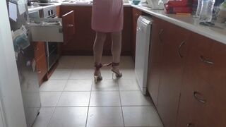 Submissive Sissy Dishwashing in High Heel Mules and Ankle Cuffs