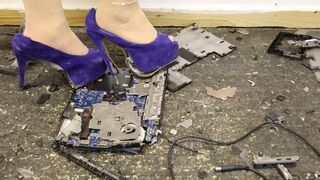 HP Laptop trample and crush and shoe destruction in Purple Suede High Heel Shoes