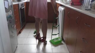 Slutty Sissy Kitchen Cleaning in High Heel Pumps and Ankle Cuffs plus Cock Teasing