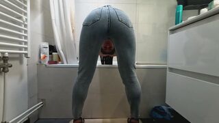 Hair washing routine in tight jeans