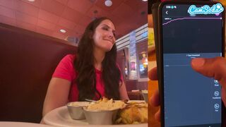 Cumming in Public with interactive toy at LUNCH! Public female orgasm interactive toy