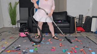 Mila in Birkenstock - Magenta Balloon Challenge - Vacuuming