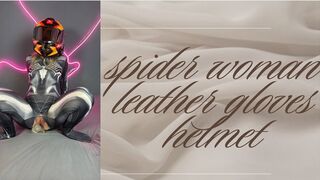 spider woman dildo riding in leather gloves and helmet