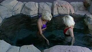 Blonde coeds get naked in pool then fuck each other