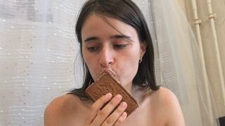 Woman eating chocolate ice cream