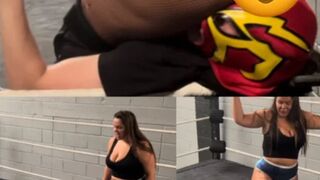 Mixed wrestling face sitting, smothers, ball busting and slams