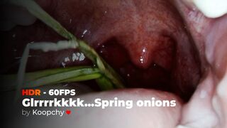 [HDR 60FPS] - Spring onions sliding down my throat (Swallowing + Stomach view) - ENDOSCOPE VORE