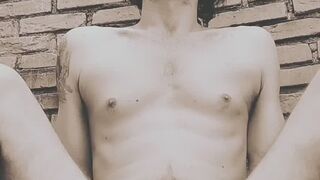 sitting on the dildo in the backyard - Black and White