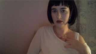 Stripping to topless, tits show and wearing sexy short wig