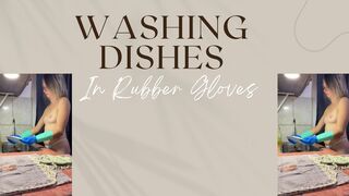 washing dishes in rubber glove