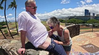 On a hill in the park -- a blow job that slips into standing doggy