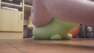 Heavy naked jumping on inflatable Dino hopper