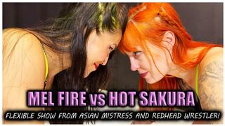 Mel Fire vs Hot Sakura - Sexy flexible redhead asian girl fight - Female wrestling - Scissorhold - Headscissors (1080p)