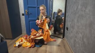 Chloe inflates and rides on inflatable Deer and Bambi