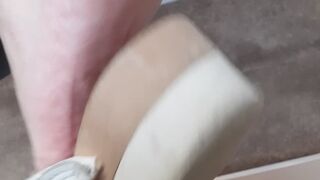 Mature nurse scholl wooden clogs feet soles tickled at work