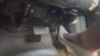 Gas pedal revved to the floor - Stepsister in Black and white dotted high heel pumps in polka dot stockings rev gas pedal of her old Toyota Corolla to the floor (no mercy)