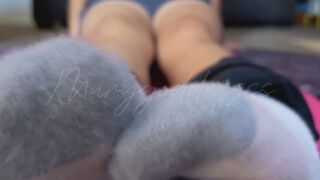 Watch and hear me workout with my soft fuzzy white crew socks with blue stripes