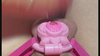 In the cage, I bang my huge dildo on my balls until I'm to remove the cage and finish myself off by hand.