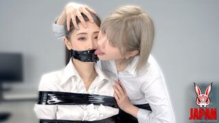 Bound and gagged for her nose play pleasure – An Komatsu straddles and sucks while Haruhi Tsukigata squirms on her office chair