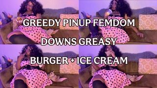 Greedy Pinup Femdom downs greasy cheeseburger