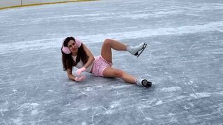 Skating on ice rink in underwear, skating on ice nude, hard shivering girl on ice