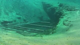 Breathholding, Diving Posing and swimming over a Spring Cave in Snorkeling Mask with fish everywhere