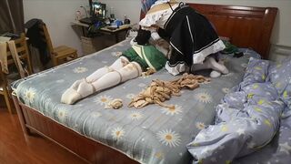 Cosplayer Venti bondaged and encased by Rem with pantyhose