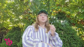 Smoking in the Garden with big poncho with Coughing and Nose Blowing
