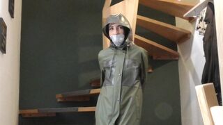 Miss Amira in a sexy vinyl outfit and Ilse Jacobsen raincoat is bound and gagged (behind the scenes)