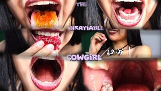 Cow girl swallowing gummy fruits short version