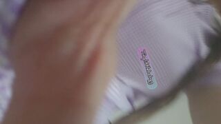Purple school dress & drynite wearing Tinylittlebabyg playfully poses on the bed & in the mirror