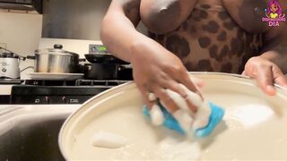 Ebony Beauty Dishwashing Topless in Leopard Onesie