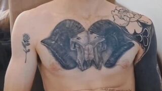 Skinny tatted guy jerks off and cums