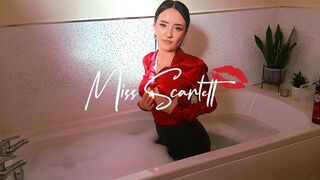 Scarlett's bath time in red satin blouse and leather skirt (WAM)