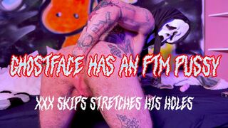 GHOSTFACE HAS AN FTM PUSSY! TRANS MAN XXX SKIPS WEARS A SCREAM MASK WHILE HE PLAYS WITH HIS BIG CLIT, CLIT CLAMPS, FLOGS HIMSELF, STRETCHES HIS ASS ON A GIANT DILDO, AND FISTS HIMSELF.
