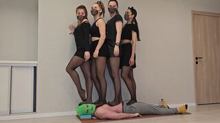 Multitrampling training #38 (Full): hard pantyhose trampling & ignoring tap-outs & throat crushing & merciless jumping on men