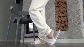 I wiggle my long toes in white slippers d
