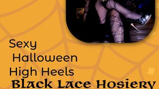 Haunted sexy black Halloween Heels and black lace hosiery on voluptuous Samantha38g