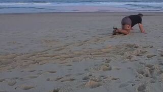 Little Sissy Bitch Plays Fetch on a Public Beach Like a Dog