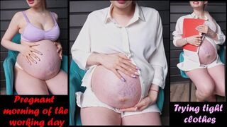 Pregnant morning of the working day. 9 month pregnant