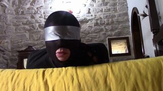 Bound and blindfolded MILF gets her mouth fucked and facialized