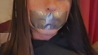 GlitterGiiiirl’s Mouth Sealed with Duct Tape, Caressing Chastity Cage Under Sheer Pantyhose