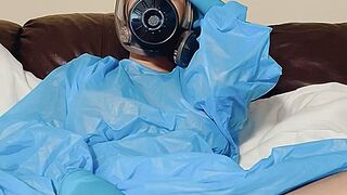 Gloved, gas mask gf gives light JOI
