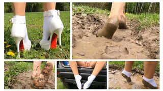 HOT AND SEXY: Emily is walking in deep soft mud in sexy socks, pantyhose and barefoot