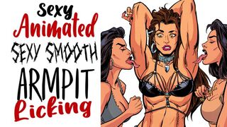 Sexy animated muscular toned bodied babe gets her smooth armpits licked by two kinky fetish girls
