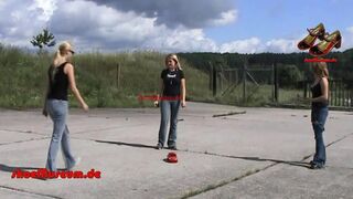 Three girls crush model car with butt and feet (3030)