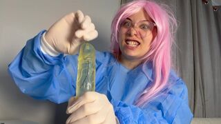 Evil Indian nurse in a blue coat and white medical gloves circumcises a dildo then twists it with a thread then makes evil laughs but sometimes when she enjoys it her face changes making silly faces and ahegao heads then she changes back to evil nurs