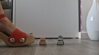 Toycar crush with red hard wooden clogs - can you watch this?